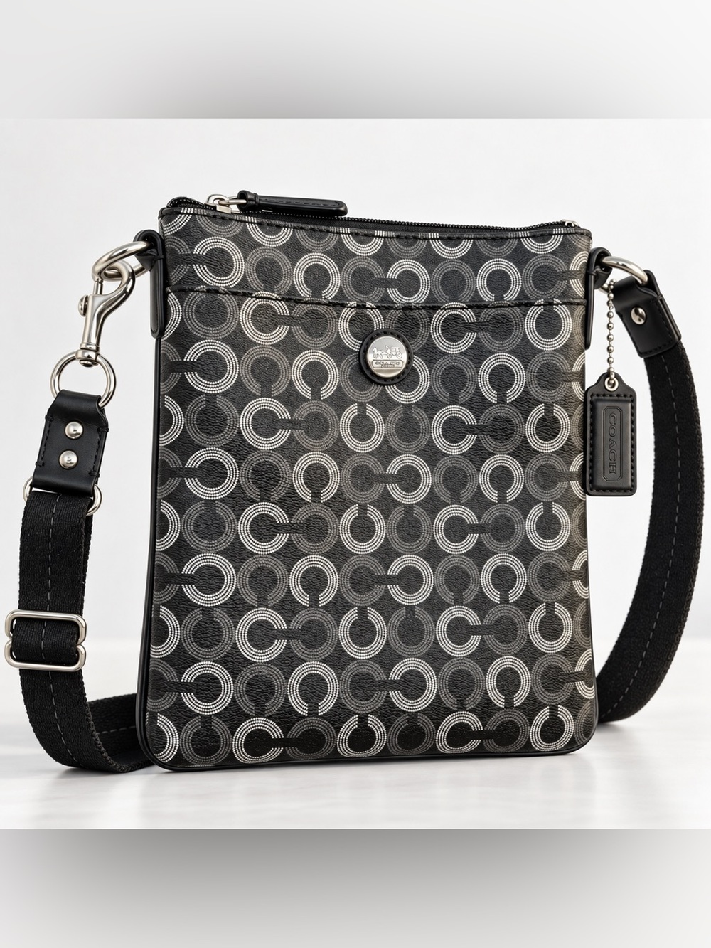 Vintage Coach Black & Gray Signature Circle Messenger Bag Y2K Designer Classic